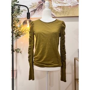 Free People Moss Green Ruched Long Sleeve Slub Knit Puff Shoulder Top Small